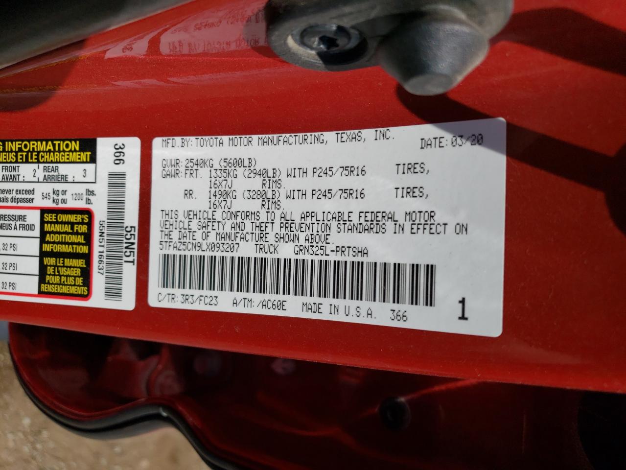 2020 Toyota Tacoma Double Cab VIN: 5TFAZ5CN9LX093207 Lot: 58528414