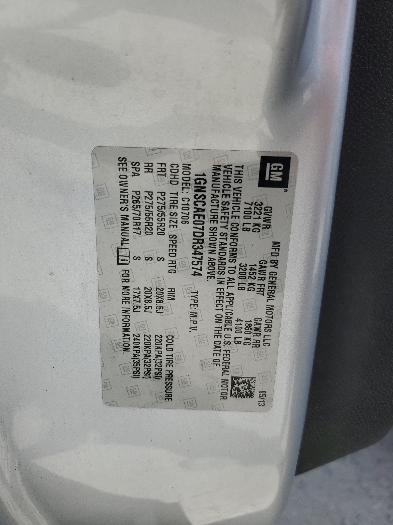 1GNSCAE07DR347574 2013 Chevrolet Tahoe C1500 Ls