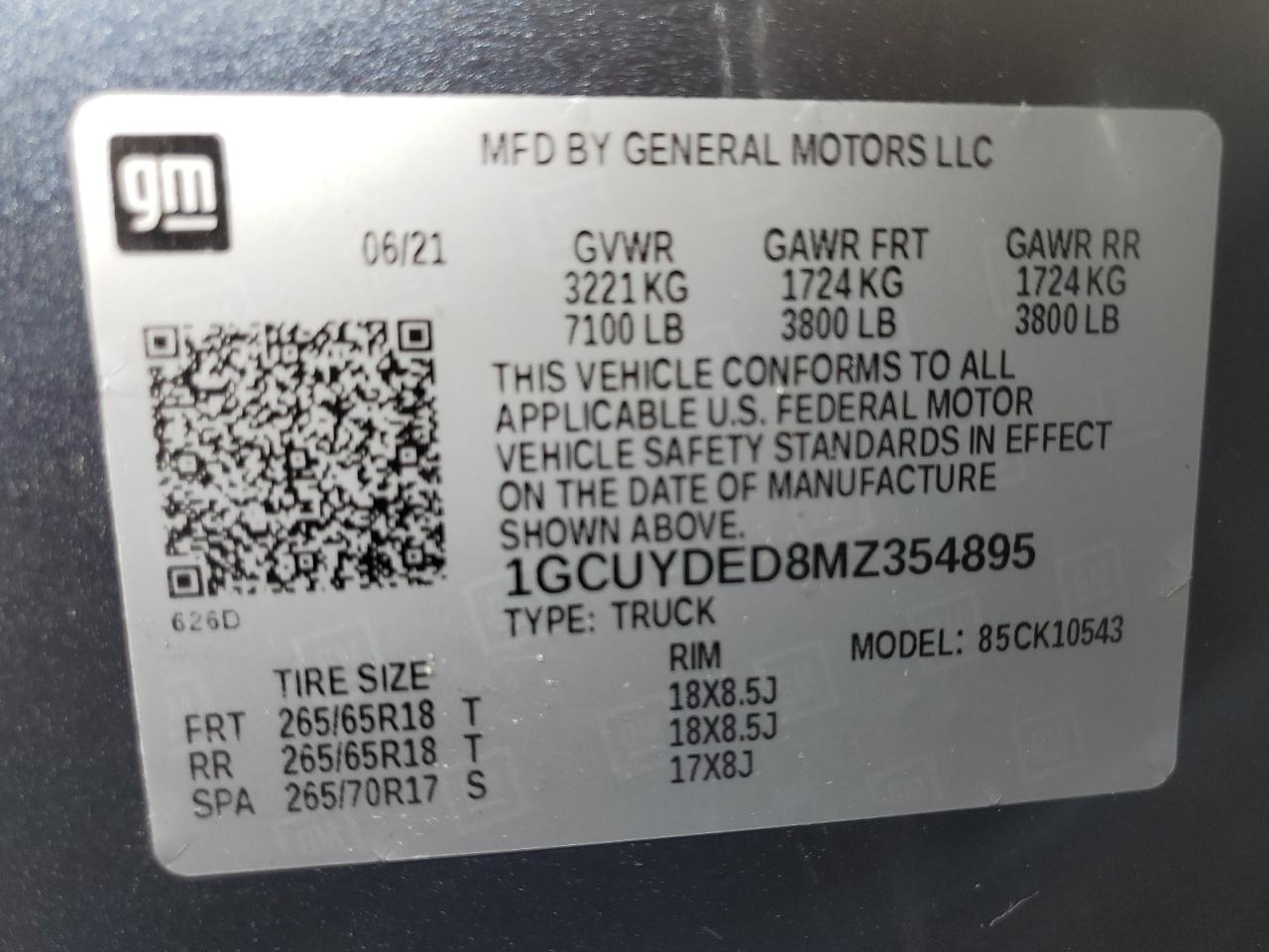 2021 Chevrolet Silverado K1500 Lt VIN: 1GCUYDED8MZ354895 Lot: 58861464