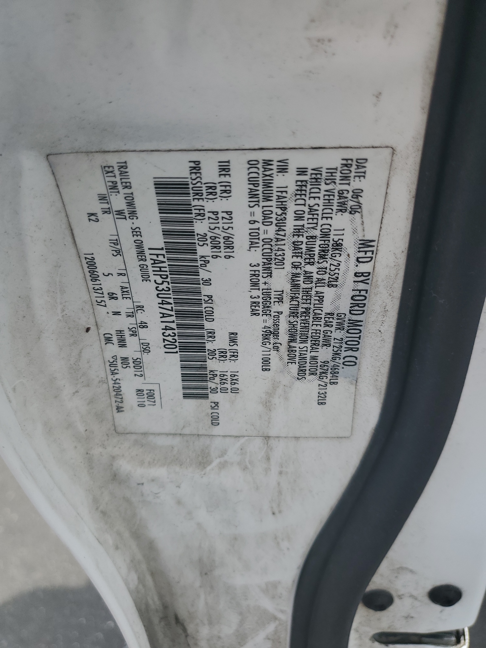 1FAHP53U47A143201 2007 Ford Taurus Se