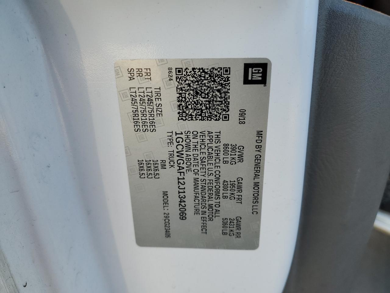 2018 Chevrolet Express G2500 VIN: 1GCWGAF12J1342069 Lot: 57894484