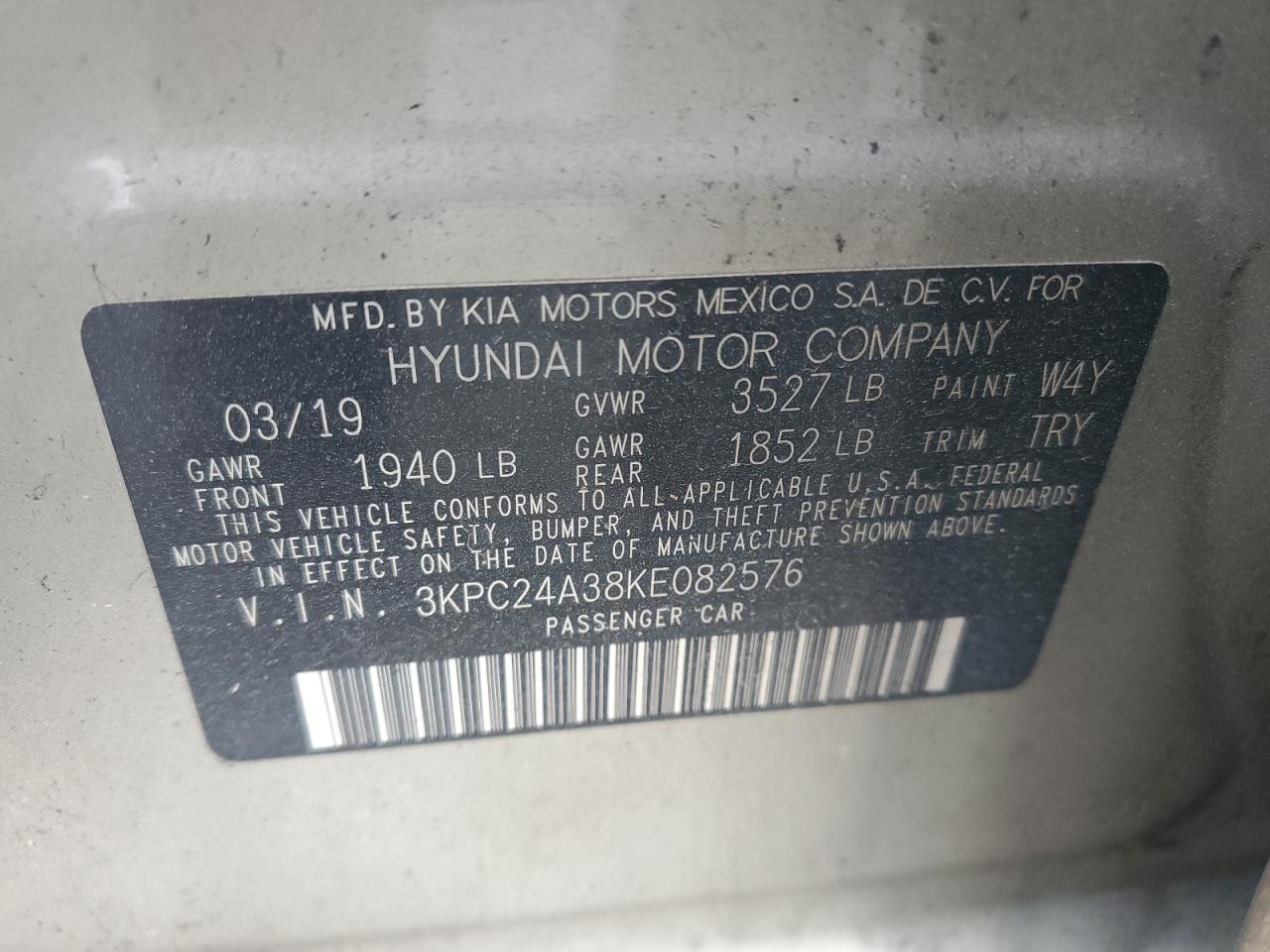 2019 Hyundai Accent Se VIN: 3KPC24A38KE082576 Lot: 61120564