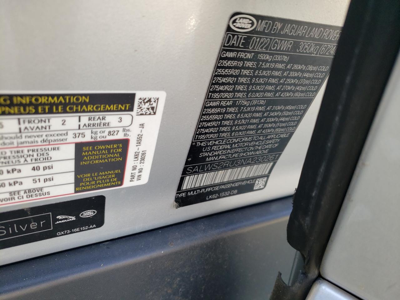 2022 Land Rover Range Rover Sport Hst VIN: SALWS2RU3NA230261 Lot: 59745524