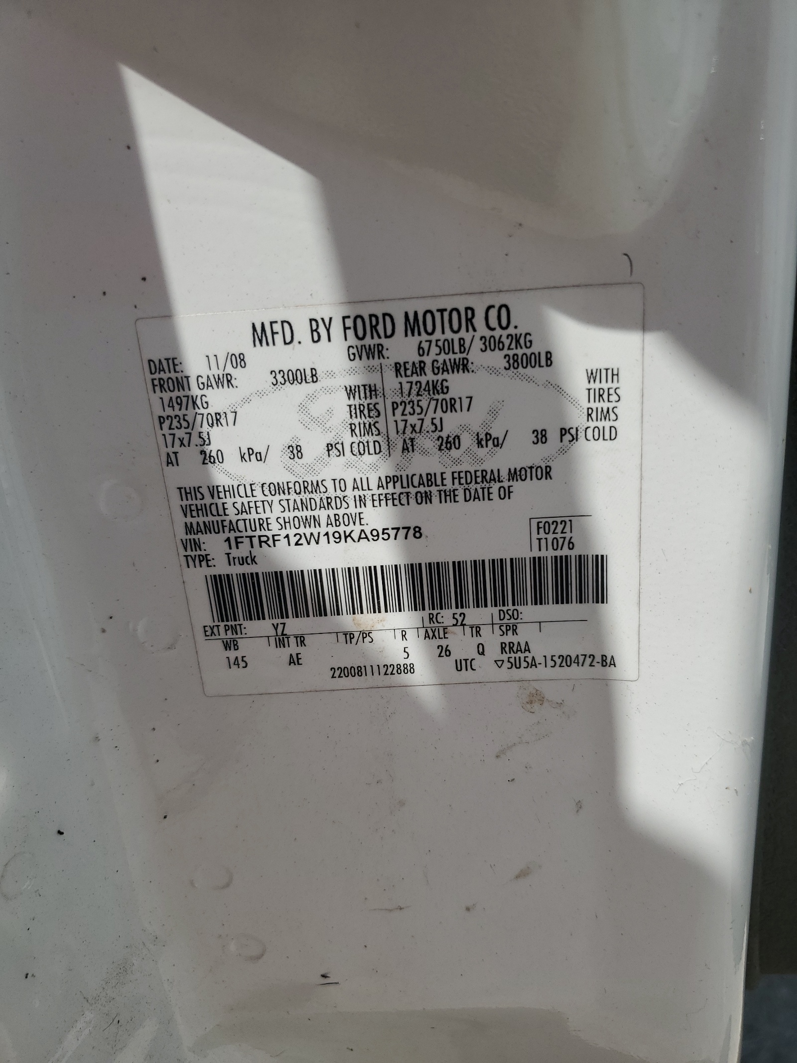 1FTRF12W19KA95778 2009 Ford F150