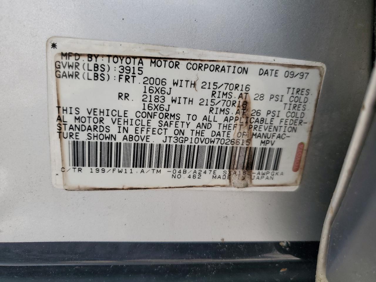 1998 Toyota Rav4 VIN: JT3GP10V0W7026615 Lot: 59419444