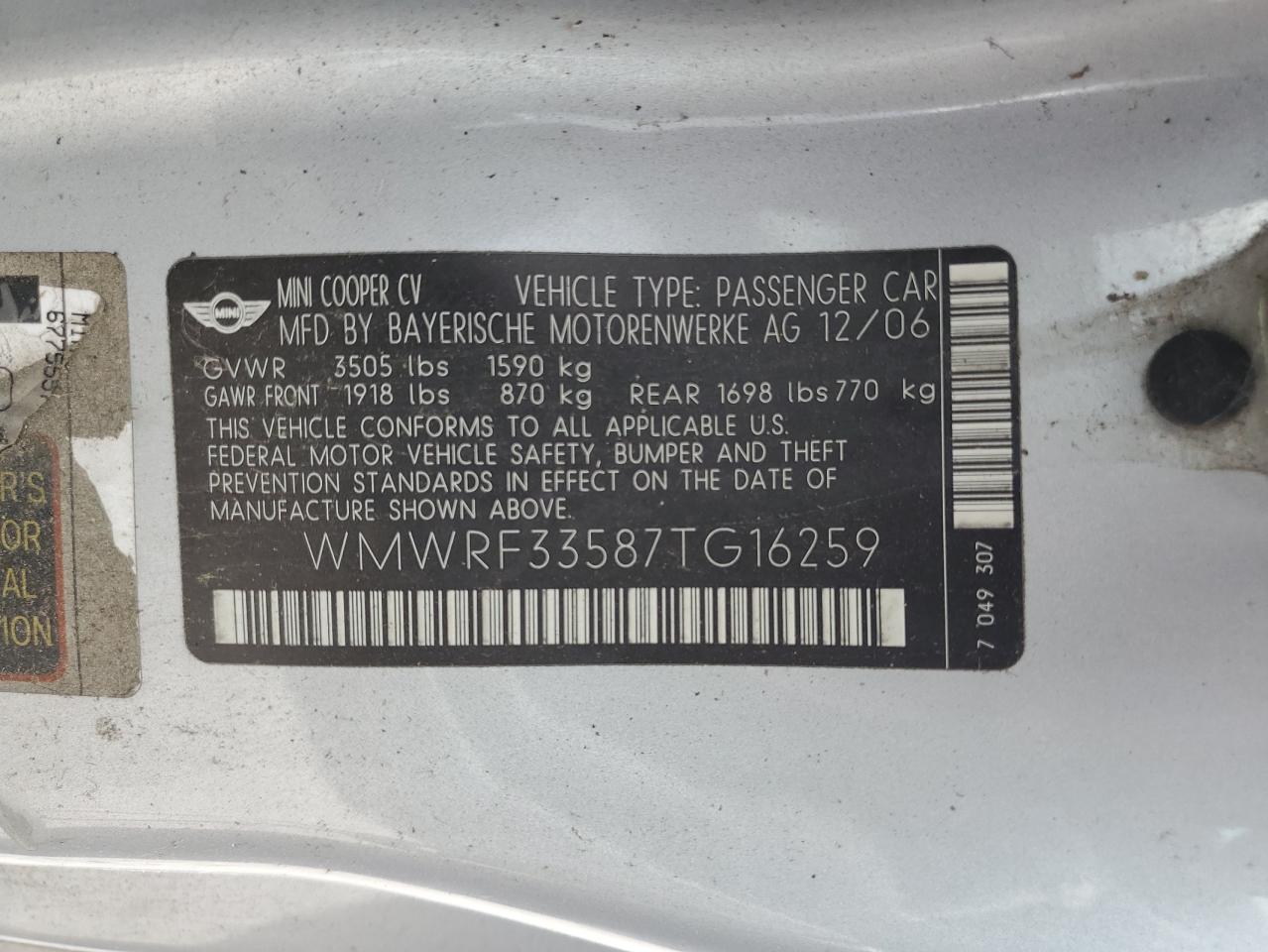 2007 Mini Cooper VIN: WMWRF33587TG16259 Lot: 90226775