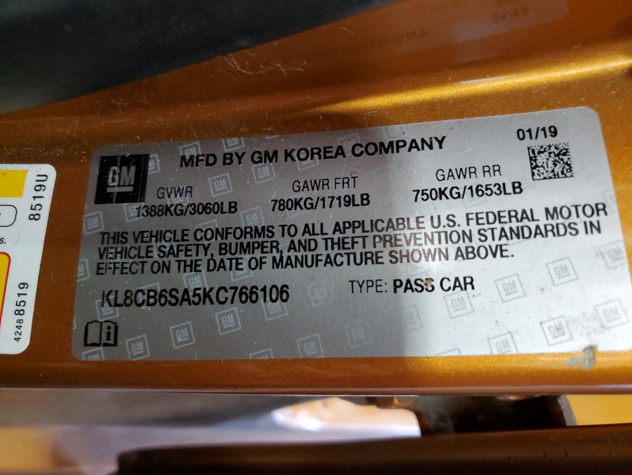 2019 Chevrolet Spark Ls VIN: KL8CB6SA5KC766106 Lot: 60197004