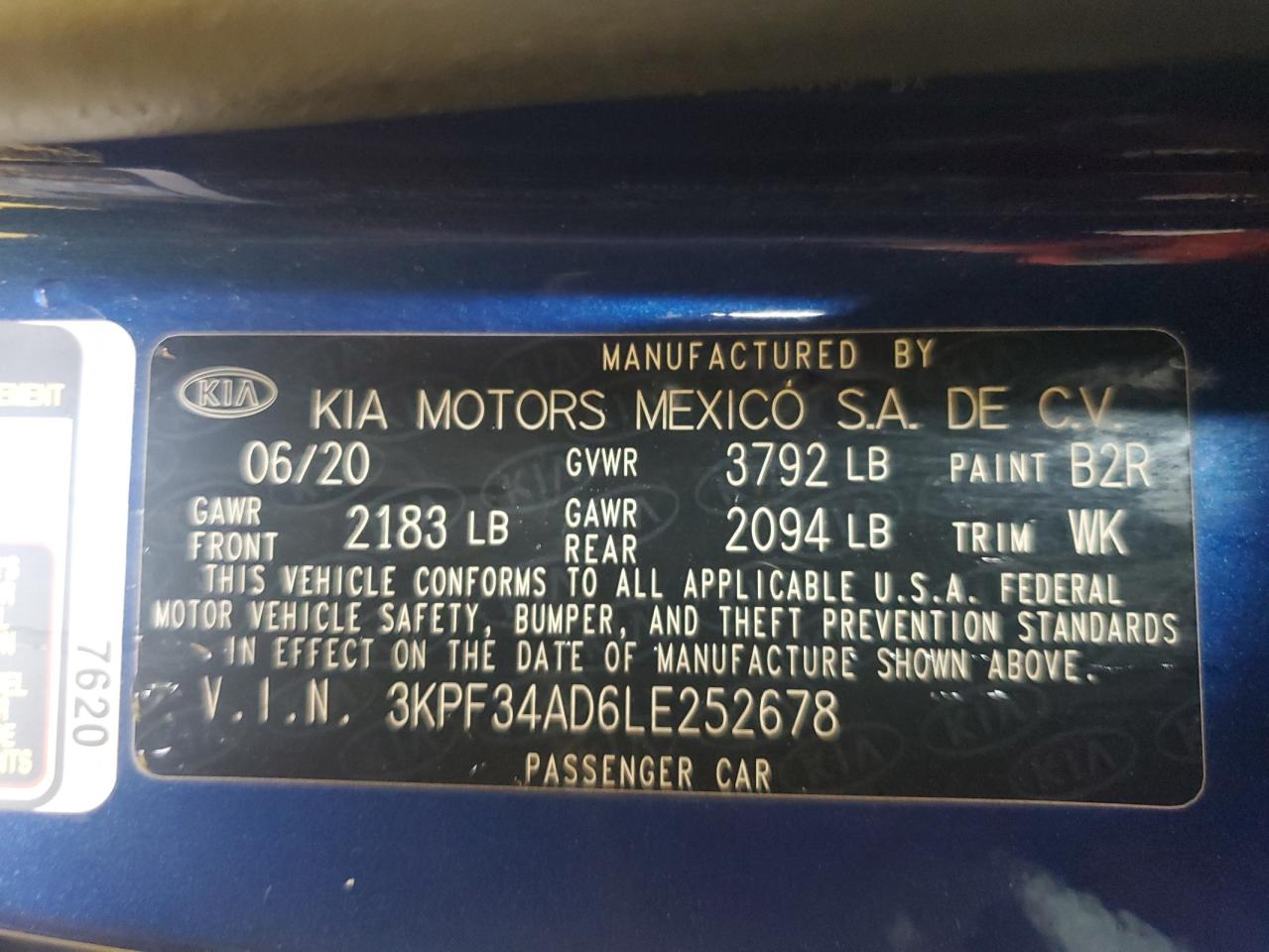 2020 Kia Forte Gt Line VIN: 3KPF34AD6LE252678 Lot: 59344814