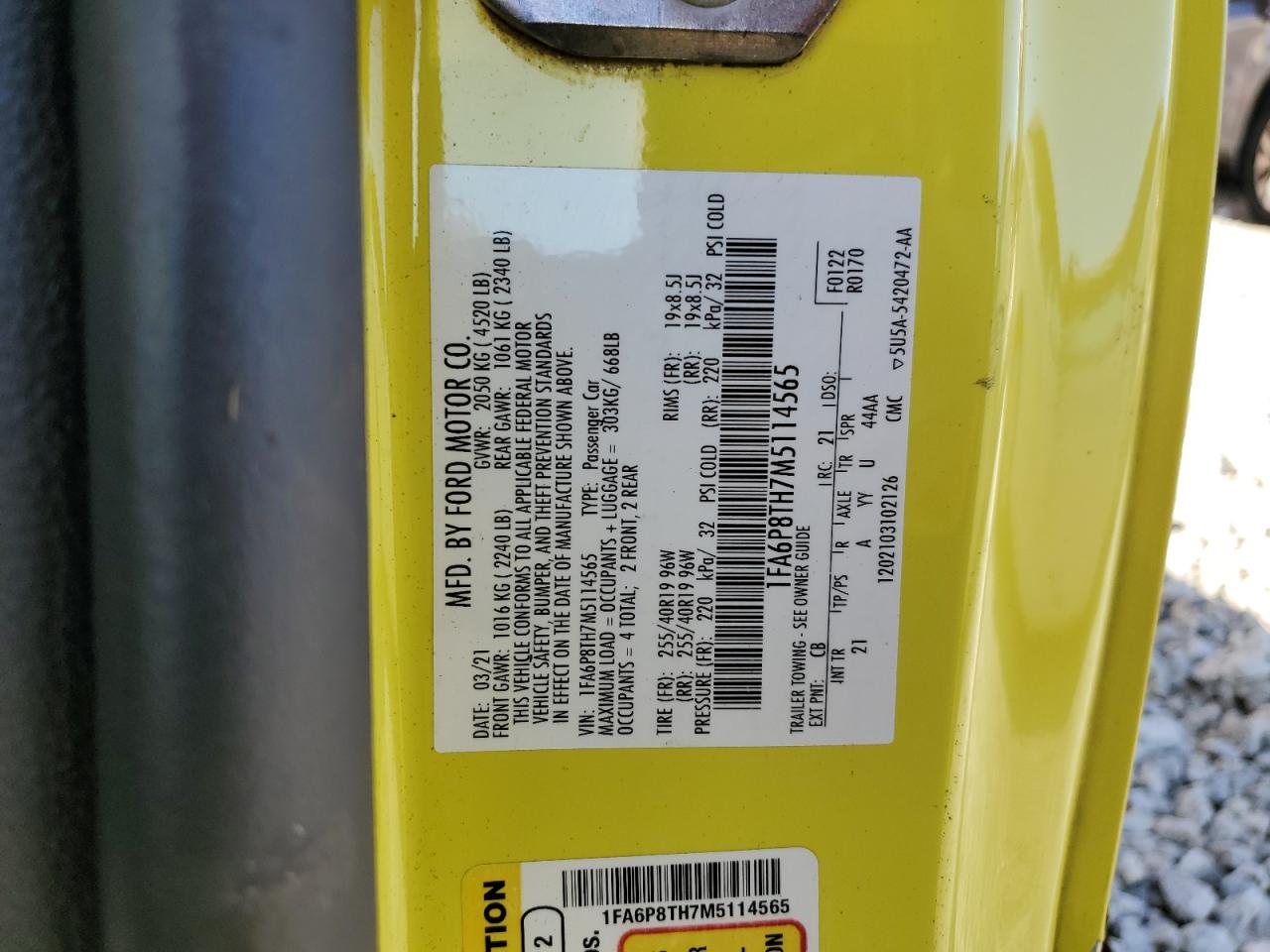 2021 Ford Mustang VIN: 1FA6P8TH7M5114565 Lot: 60444924