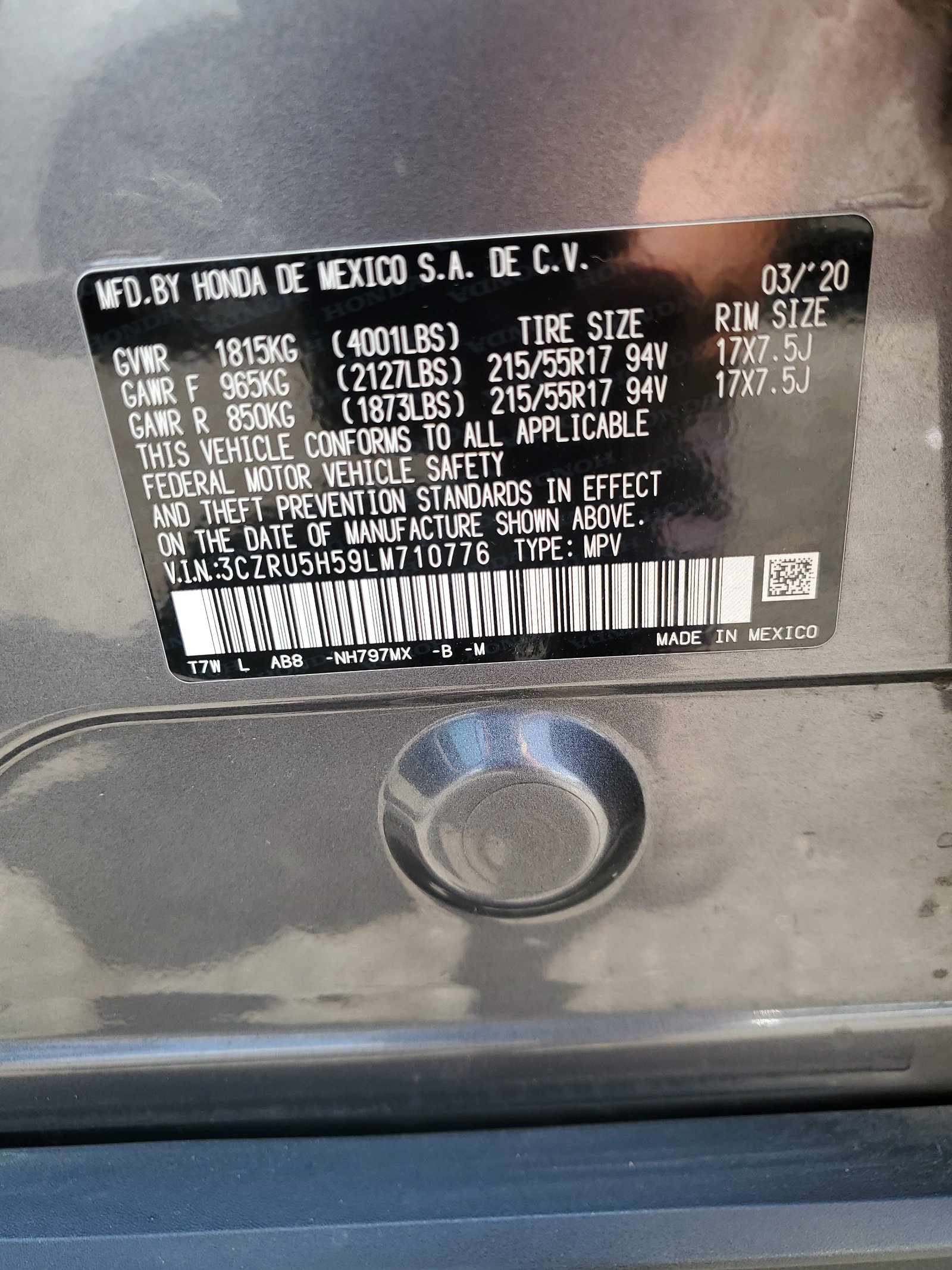 3CZRU5H59LM710776 2020 Honda Hr-V Ex