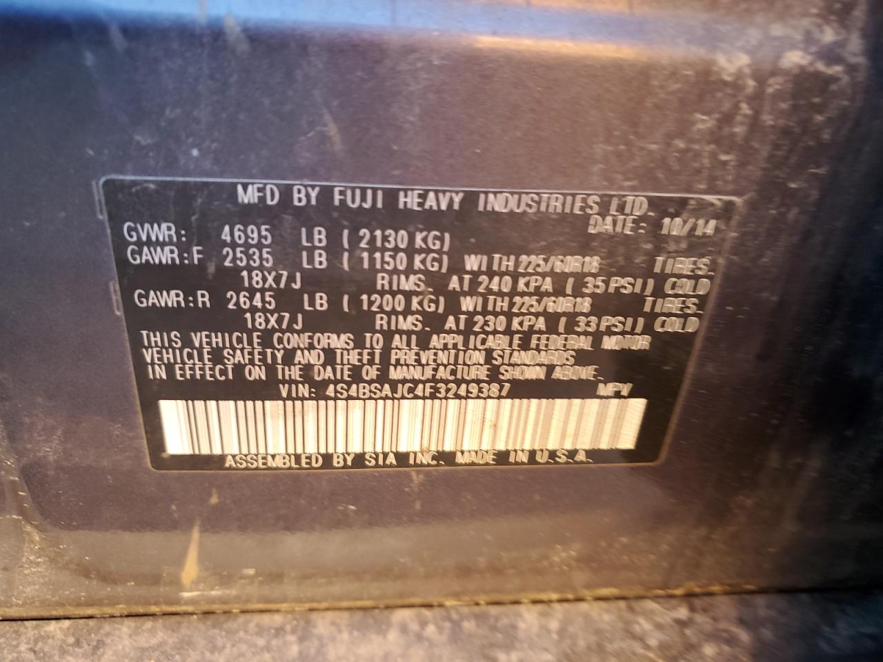 2015 Subaru Outback 2.5I Limited VIN: 4S4BSAJC4F3249387 Lot: 60112864