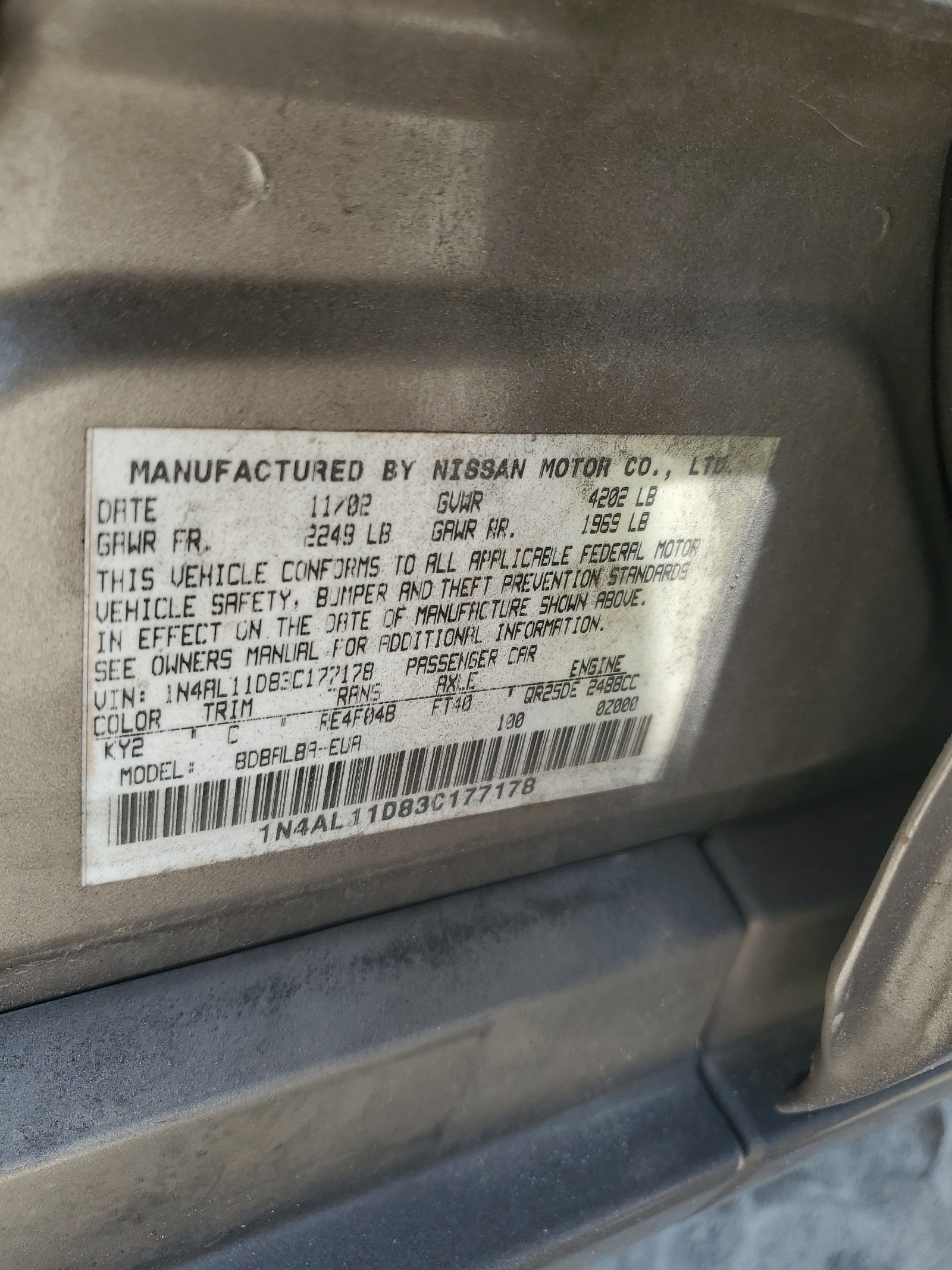 1N4AL11D83C177178 2003 Nissan Altima Base