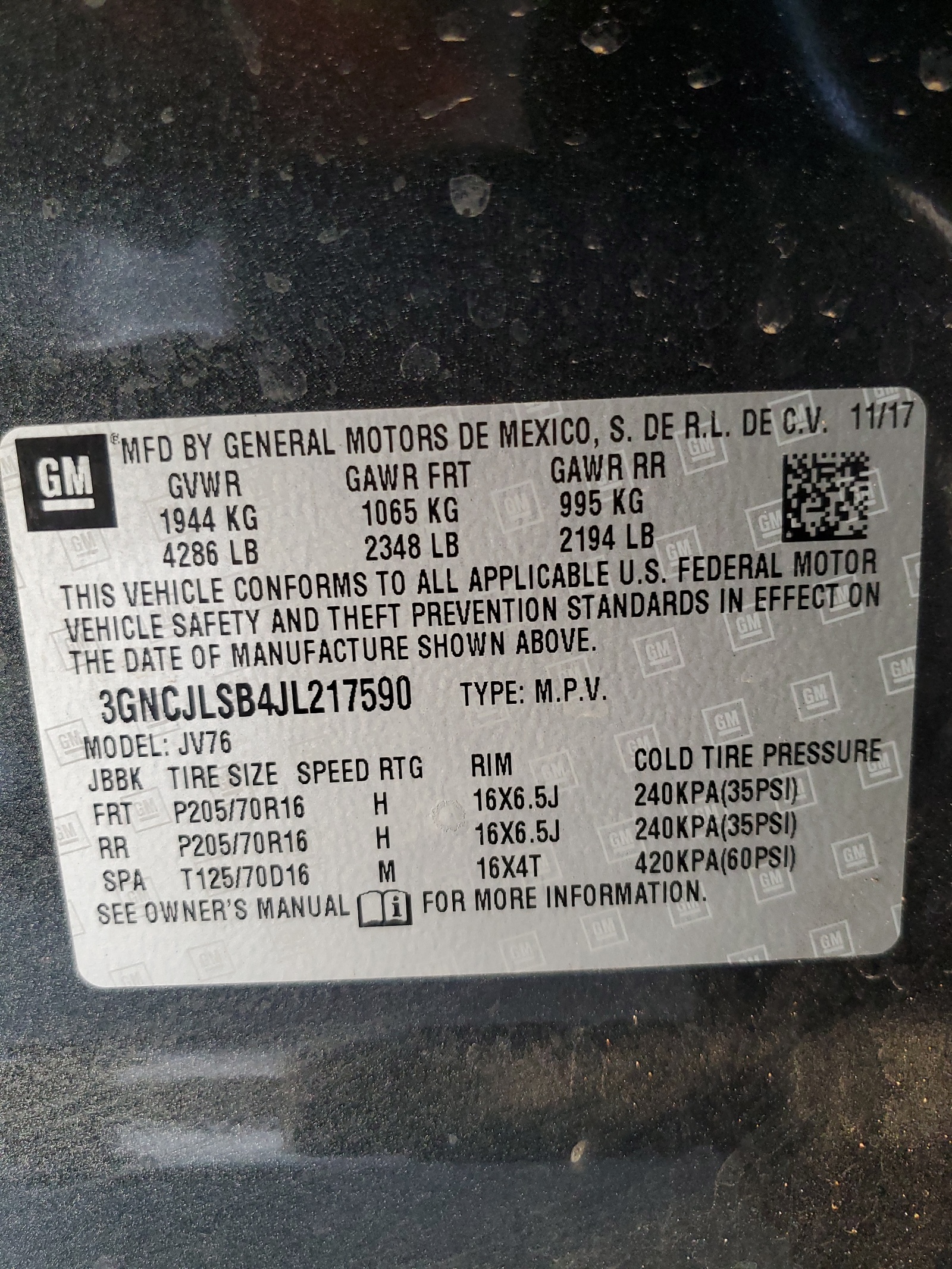 3GNCJLSB4JL217590 2018 Chevrolet Trax 1Lt