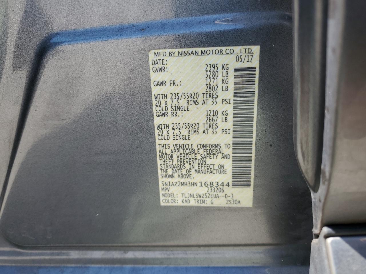 2017 Nissan Murano S VIN: 5N1AZ2MH3HN168344 Lot: 60090284