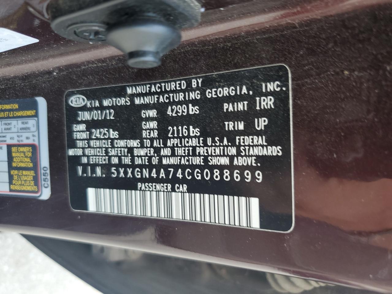 2012 Kia Optima Ex VIN: 5XXGN4A74CG088699 Lot: 59355904