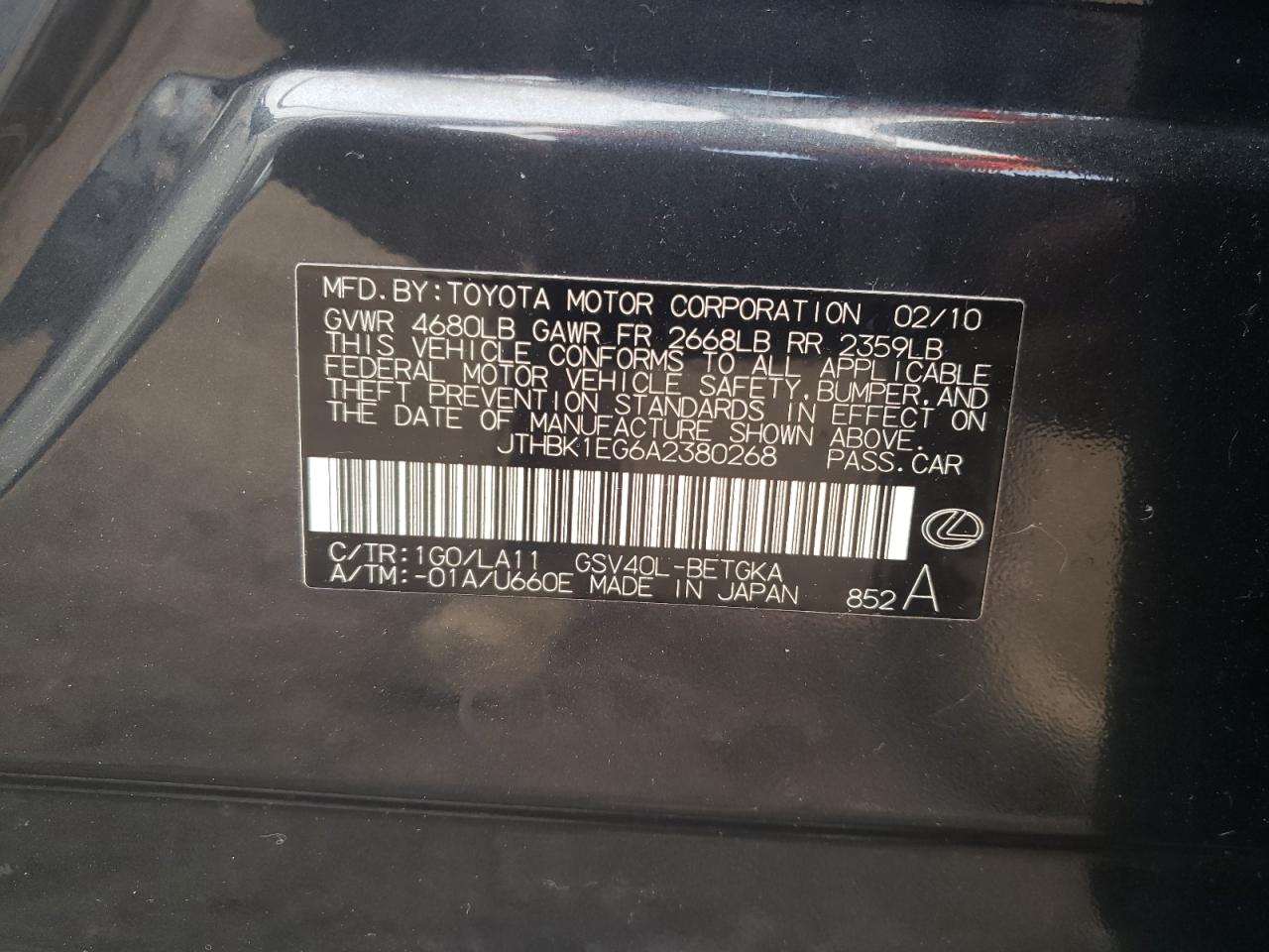 2010 Lexus Es 350 VIN: JTHBK1EG6A2380268 Lot: 60705094