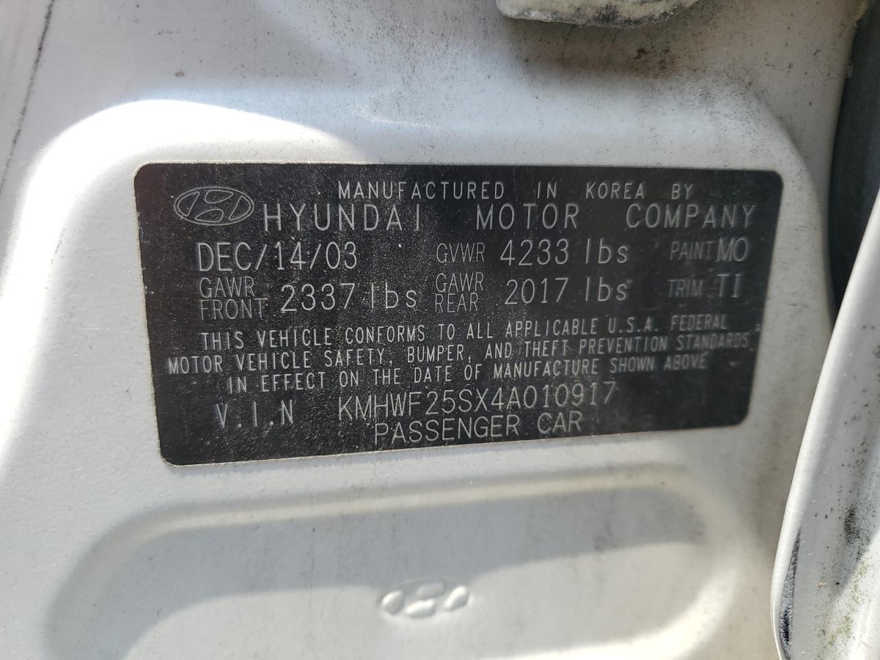 2004 Hyundai Sonata Gl VIN: KMHWF25SX4A010917 Lot: 60616644