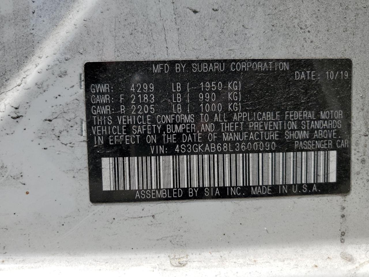 2020 Subaru Impreza VIN: 4S3GKAB68L3600090 Lot: 59256444