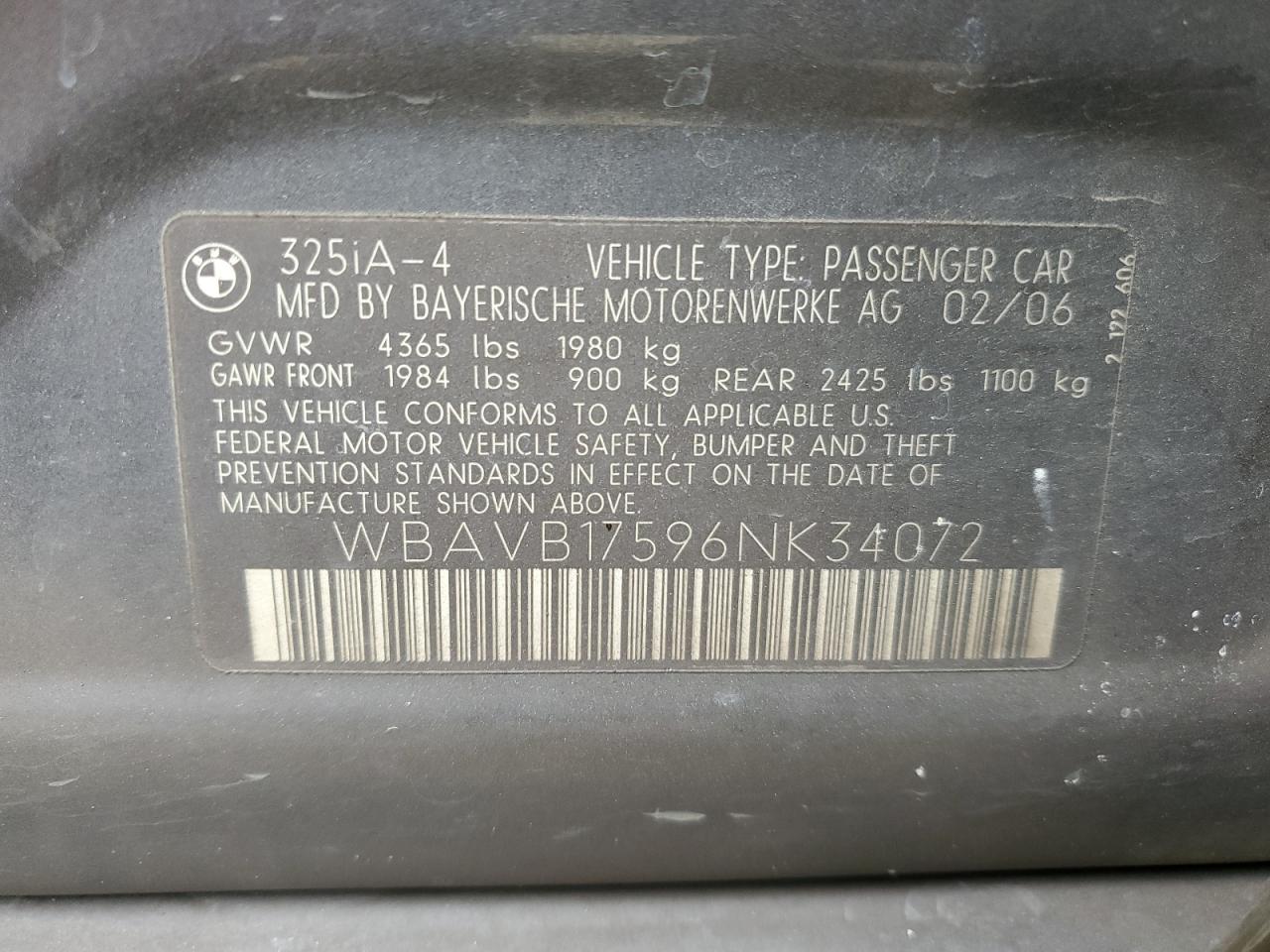 2006 BMW 325 I Automatic VIN: WBAVB17596NK34072 Lot: 57477774