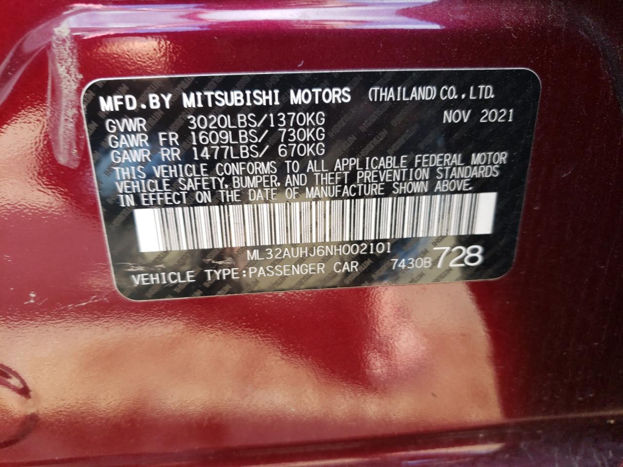 2022 Mitsubishi Mirage Es vin: ML32AUHJ6NH002101