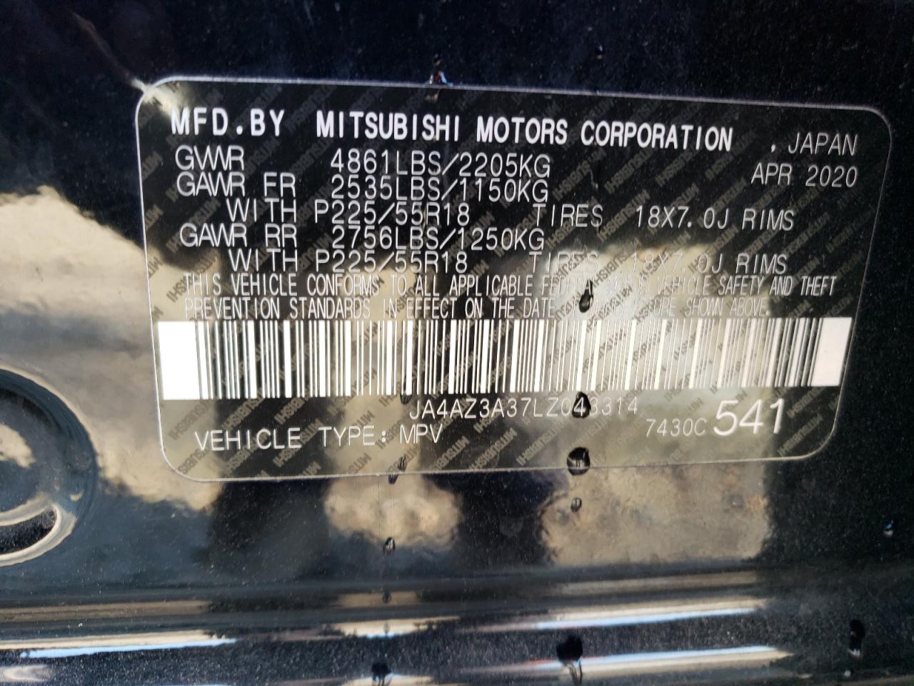 2020 Mitsubishi Outlander Se VIN: JA4AZ3A37LZ043314 Lot: 59737274