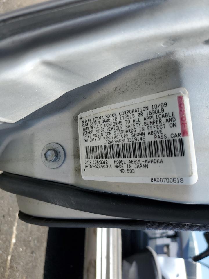 1990 Toyota Corolla Dlx VIN: JT2AE94K6L3319145 Lot: 60065064