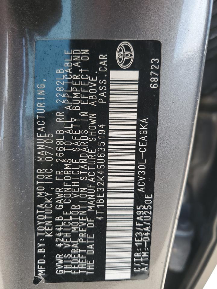 2005 Toyota Camry Le VIN: 4T1BE32K45U635194 Lot: 59918624