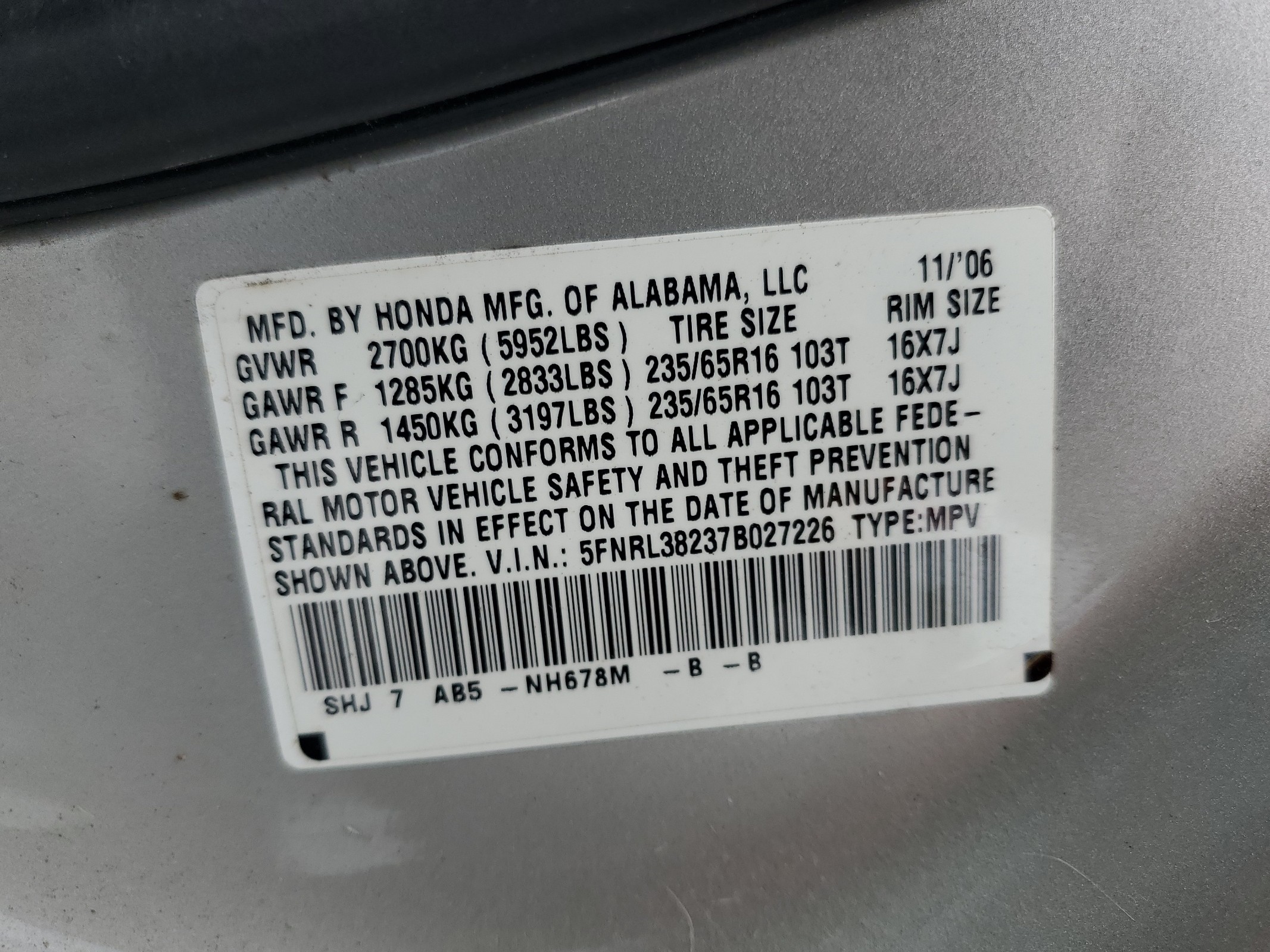 5FNRL38237B027226 2007 Honda Odyssey Lx