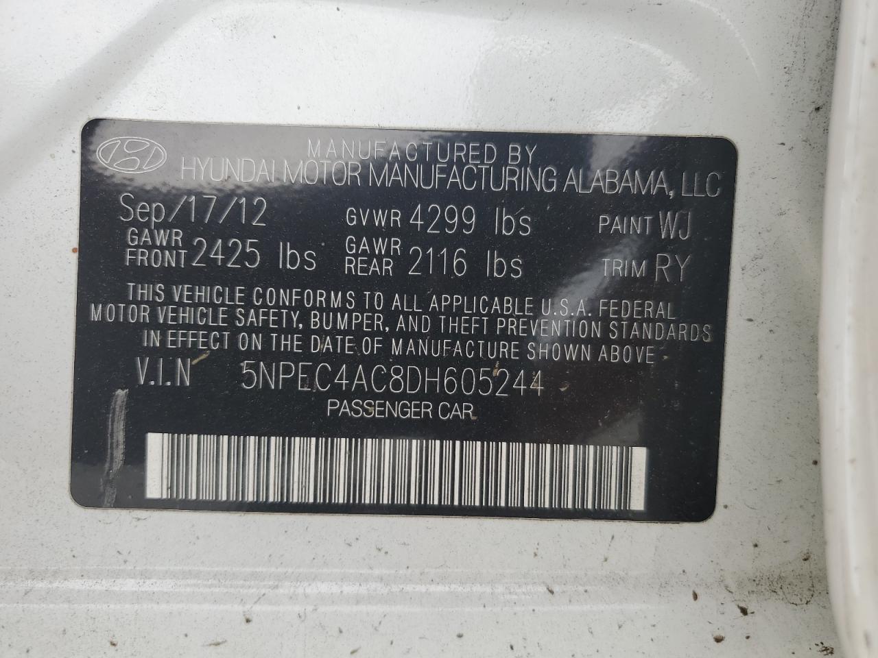 2013 Hyundai Sonata Se VIN: 5NPEC4AC8DH605244 Lot: 60922394