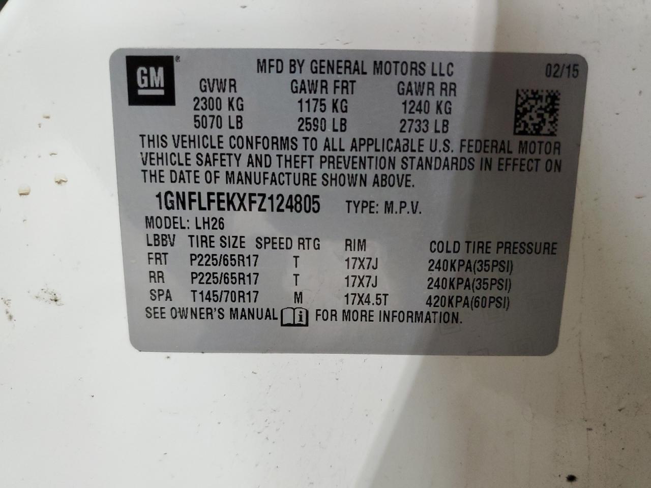 2015 Chevrolet Equinox Lt VIN: 1GNFLFEKXFZ124805 Lot: 58428174