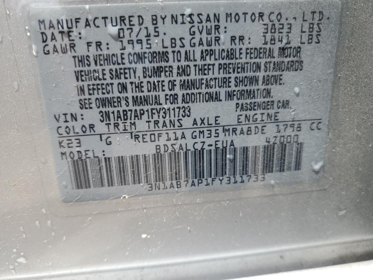 2015 Nissan Sentra S VIN: 3N1AB7AP1FY311733 Lot: 59888454