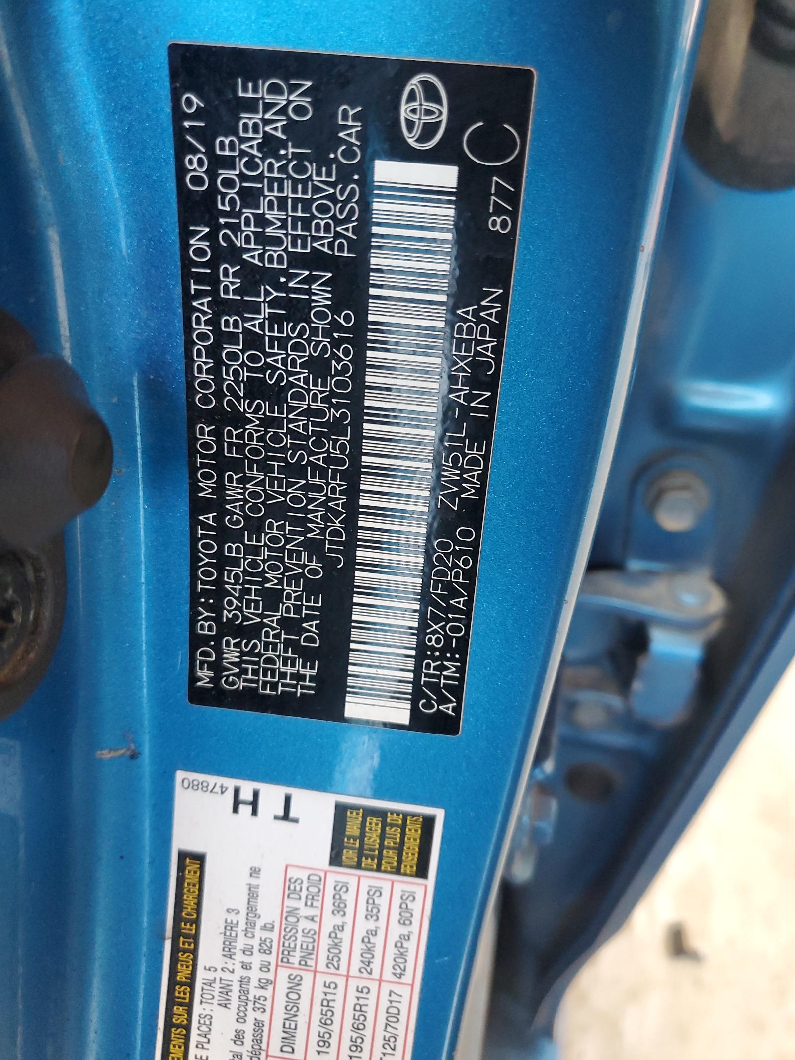 JTDKARFU5L3103616 2020 Toyota Prius L