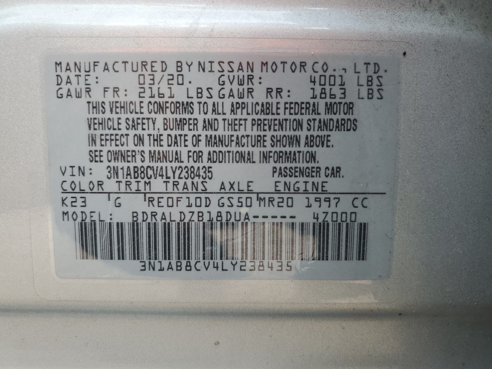 3N1AB8CV4LY238435 2020 Nissan Sentra Sv