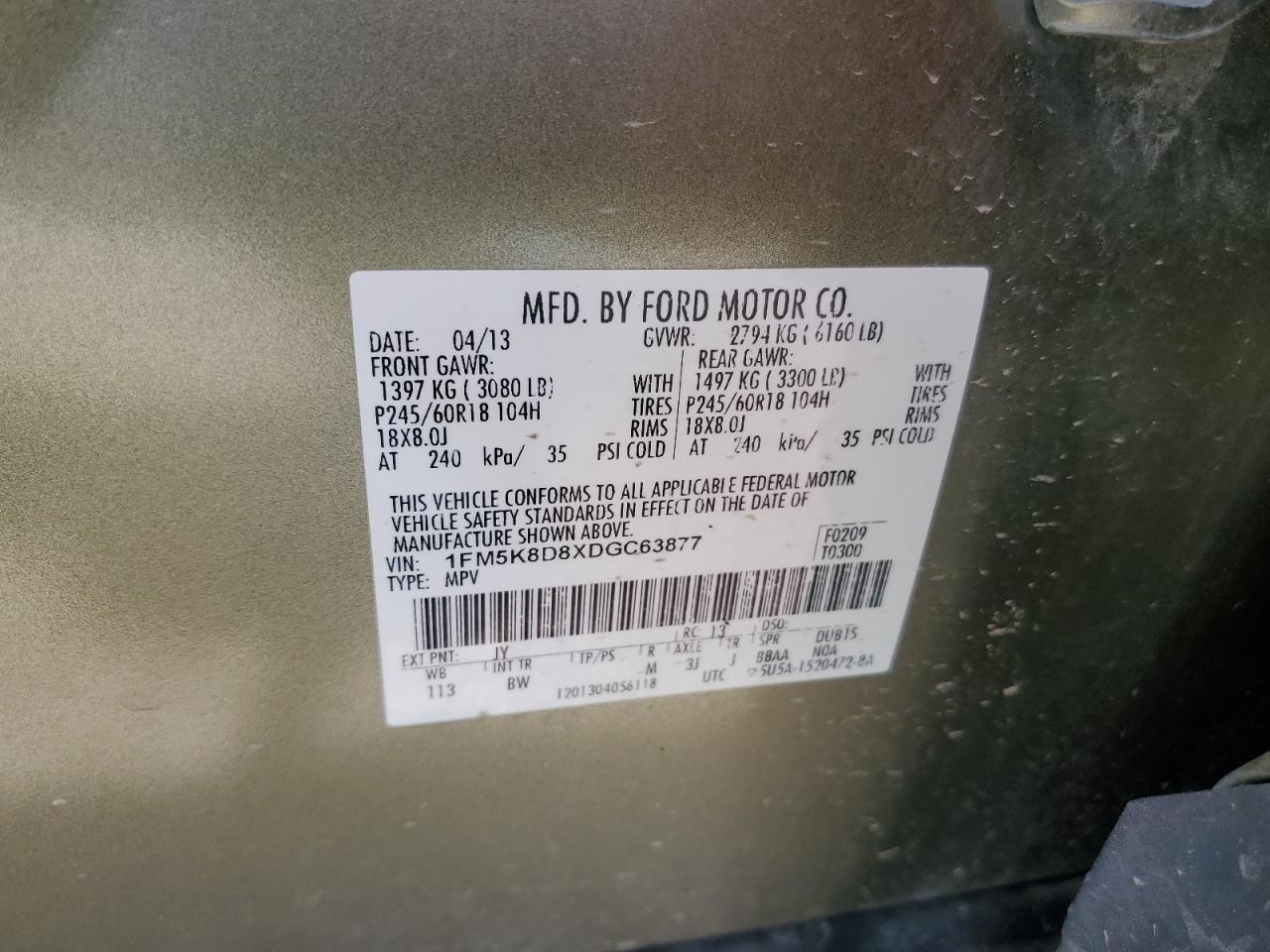 2013 Ford Explorer Xlt VIN: 1FM5K8D8XDGC63877 Lot: 59012224