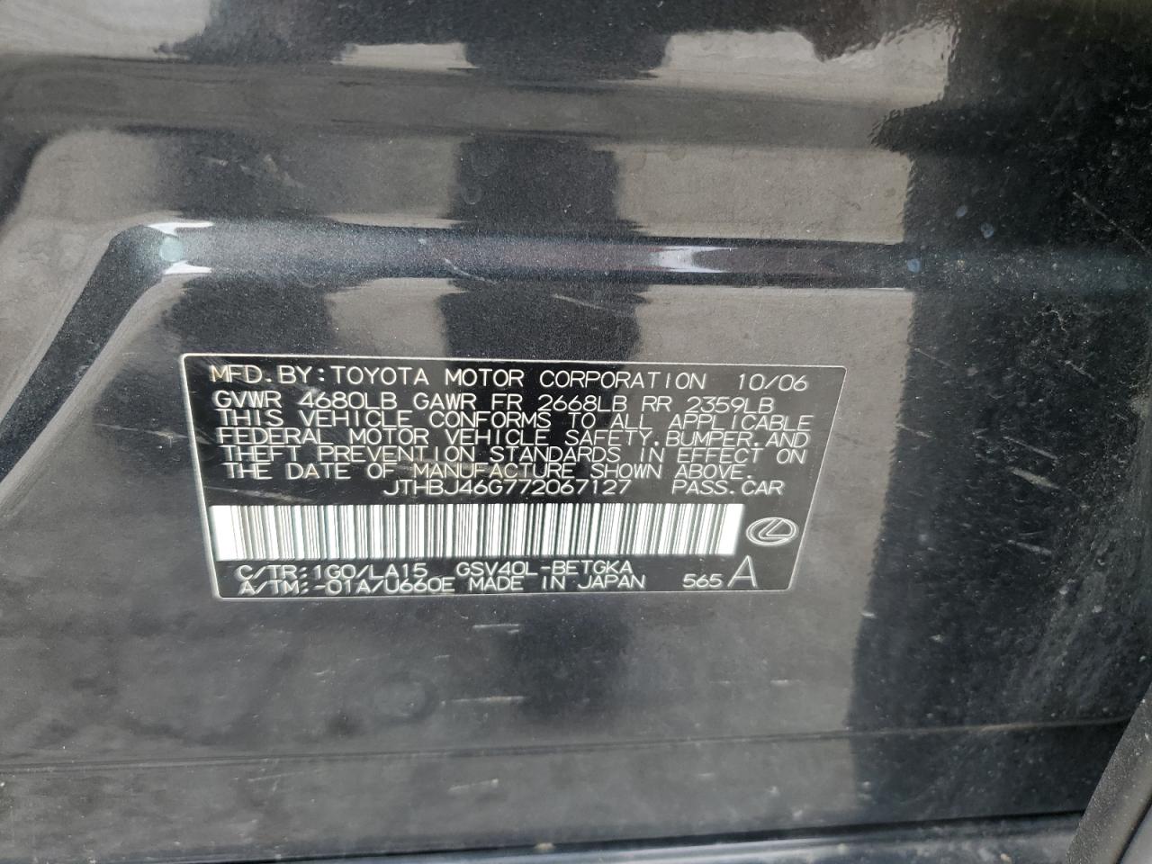 2007 Lexus Es 350 VIN: JTHBJ46G772067127 Lot: 76445794