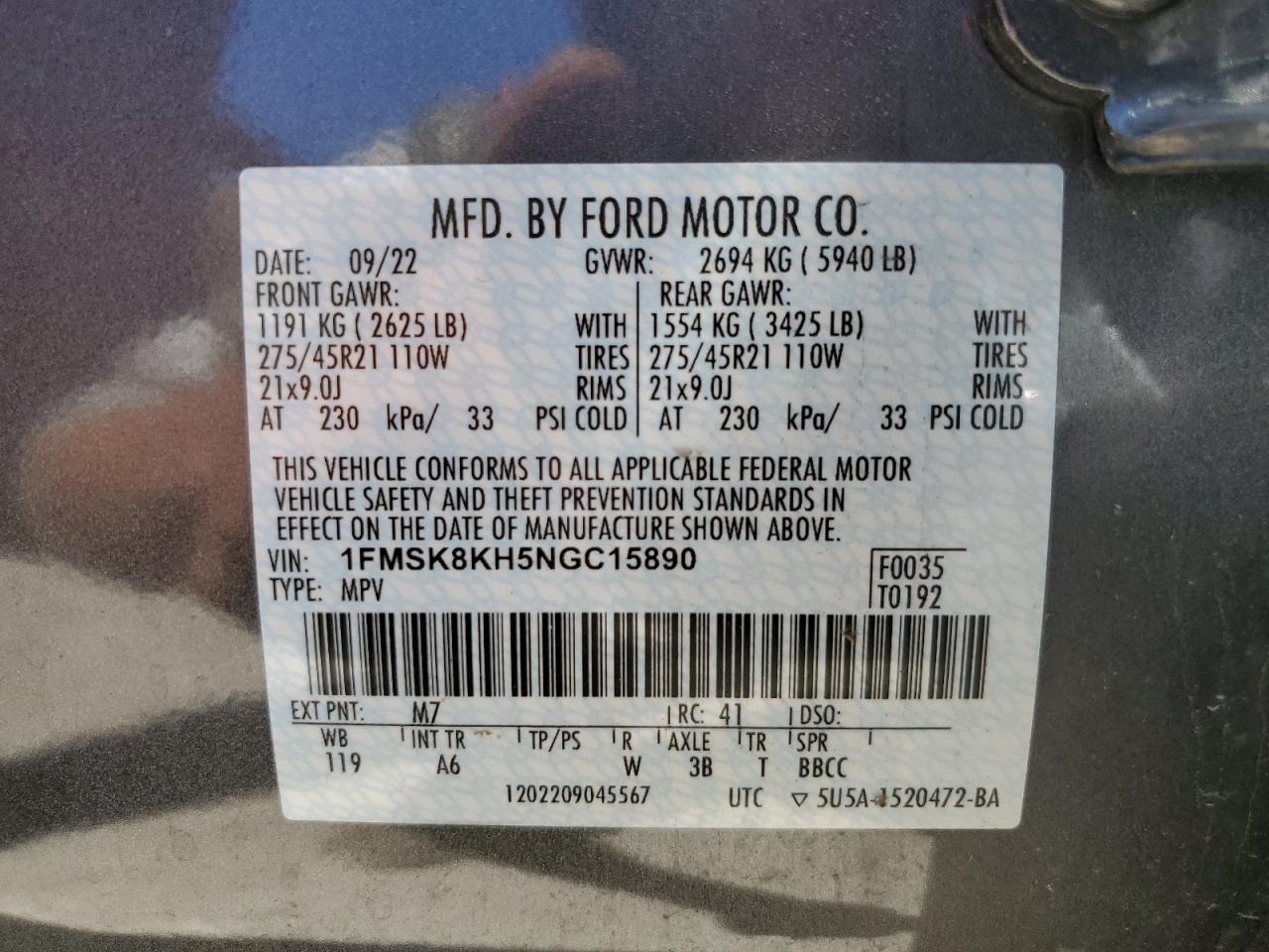 2022 Ford Explorer St-Line VIN: 1FMSK8KH5NGC15890 Lot: 58379914