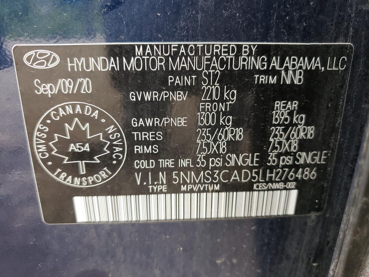 2020 Hyundai Santa Fe Sel VIN: 5NMS3CAD5LH276486 Lot: 60827944