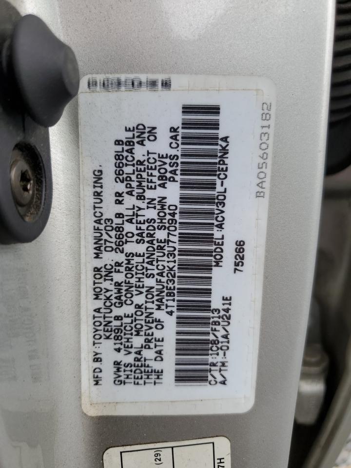 2003 Toyota Camry Le VIN: 4T1BE32K13U770940 Lot: 58066304