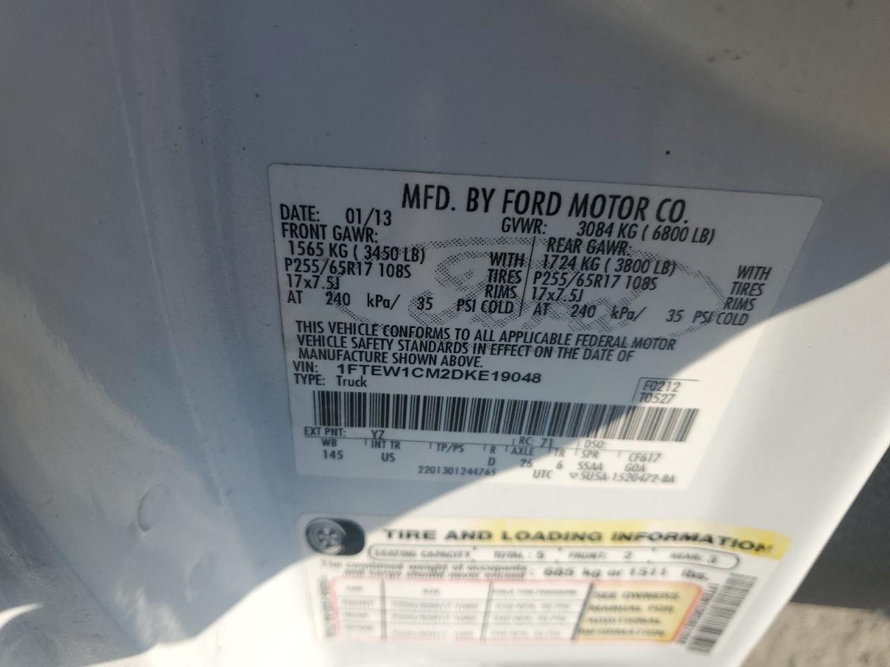 2013 Ford F150 Supercrew VIN: 1FTEW1CM2DKE19048 Lot: 57859674