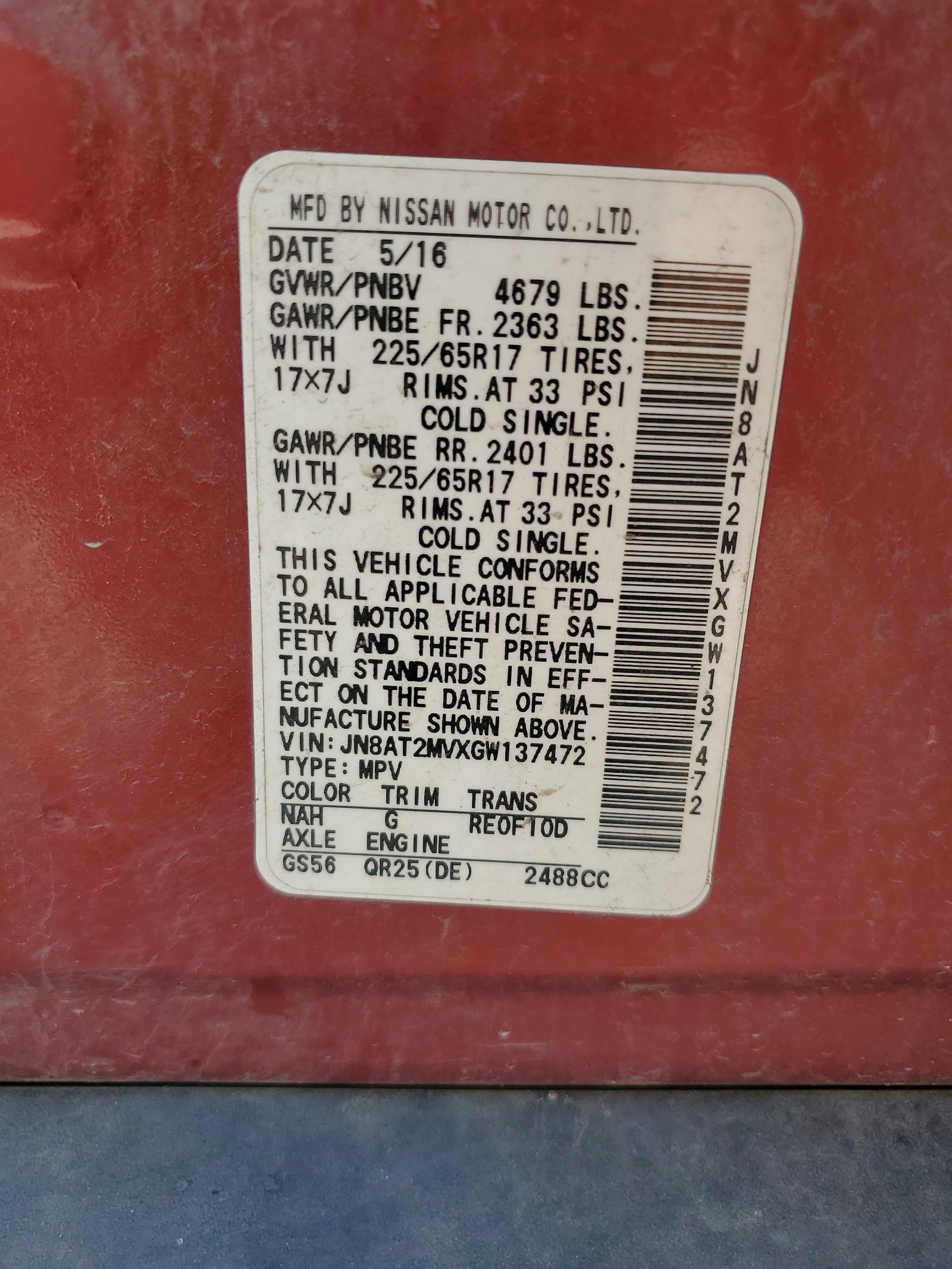 JN8AT2MVXGW137472 2016 Nissan Rogue S