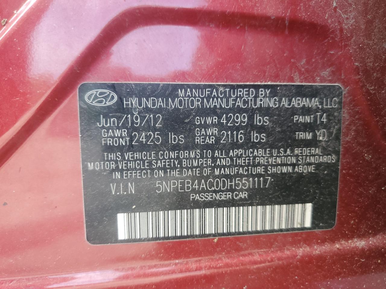 2013 Hyundai Sonata Gls VIN: 5NPEB4AC0DH551117 Lot: 57131204