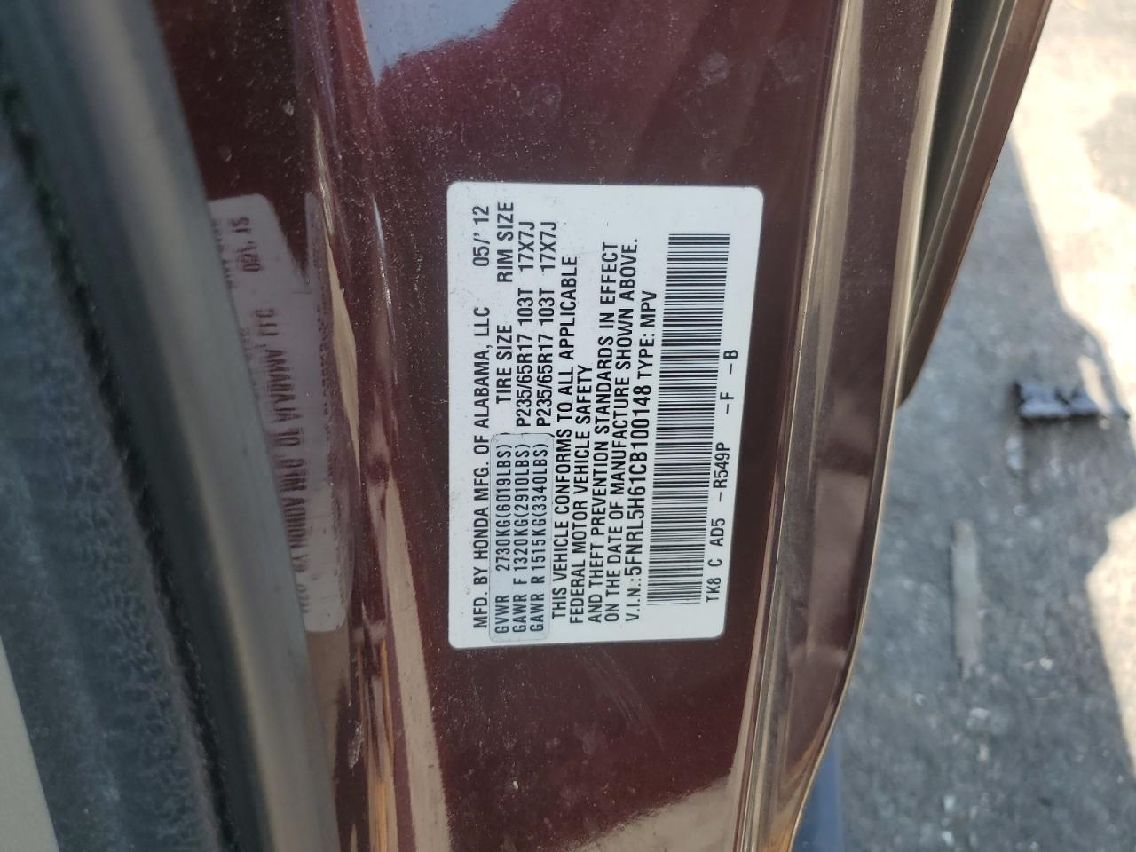 2012 Honda Odyssey Exl VIN: 5FNRL5H61CB100148 Lot: 60283594