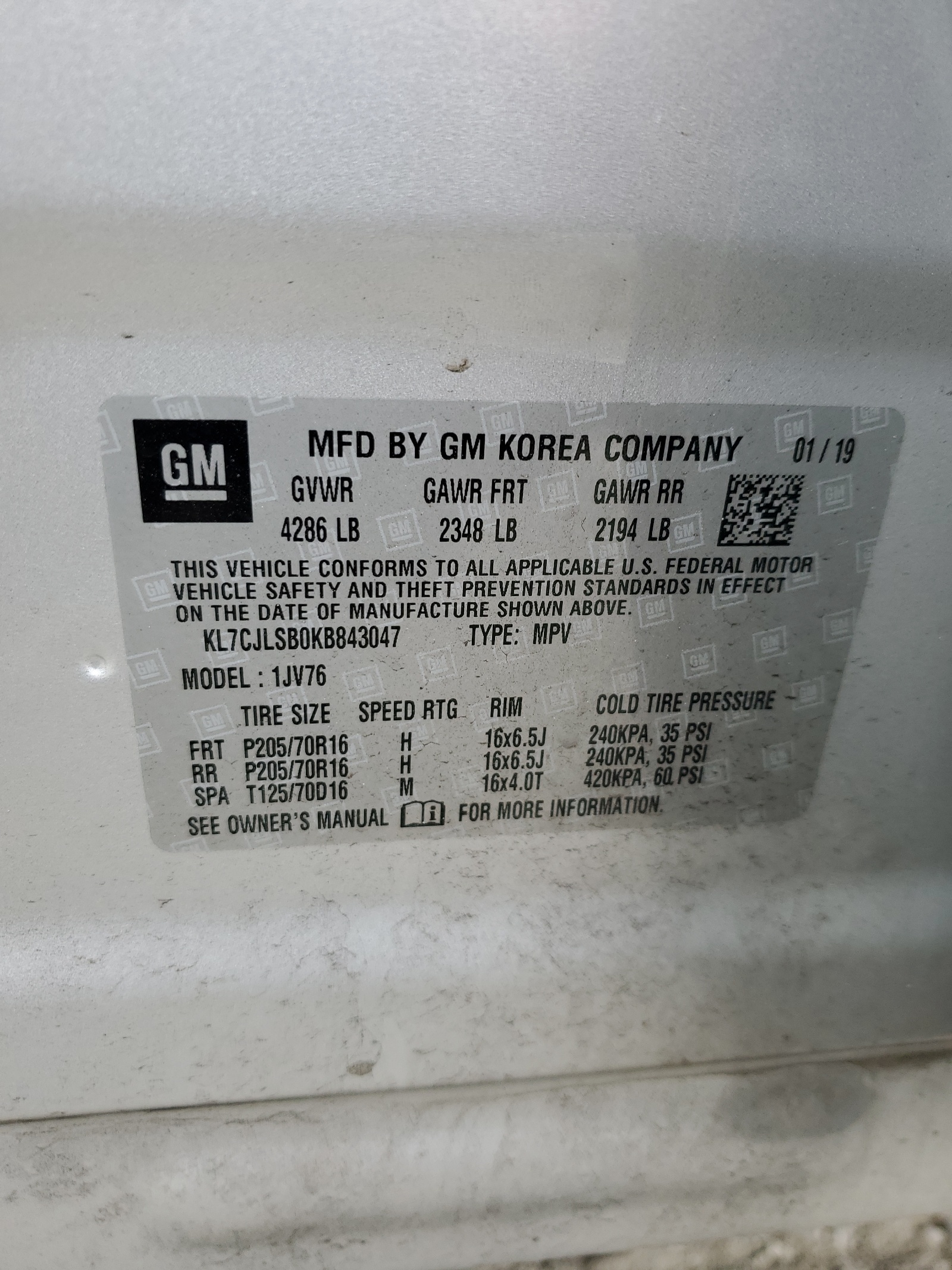 KL7CJLSB0KB843047 2019 Chevrolet Trax 1Lt