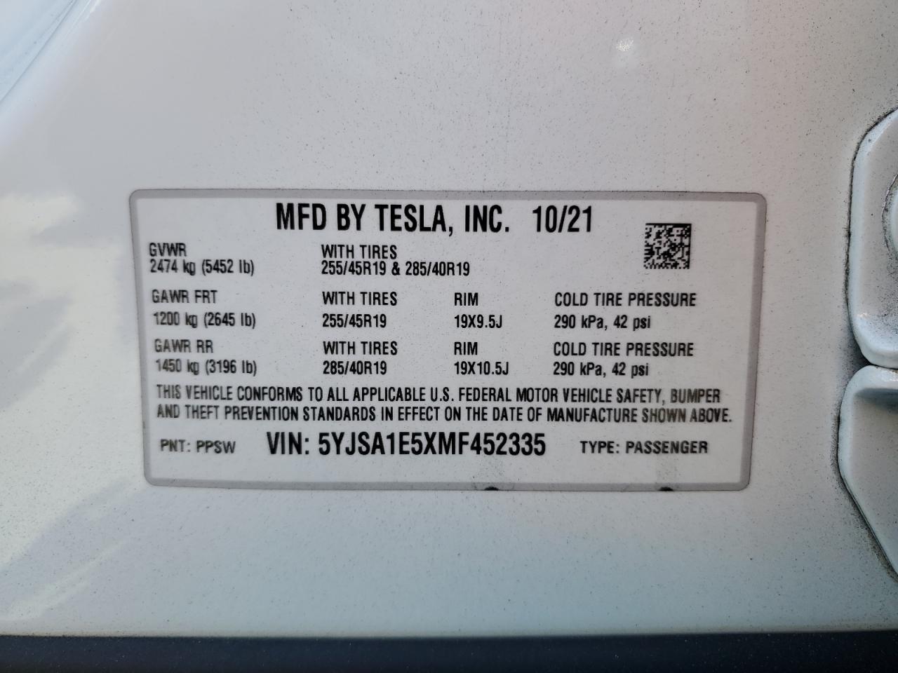 5YJSA1E5XMF452335 2021 Tesla Model S