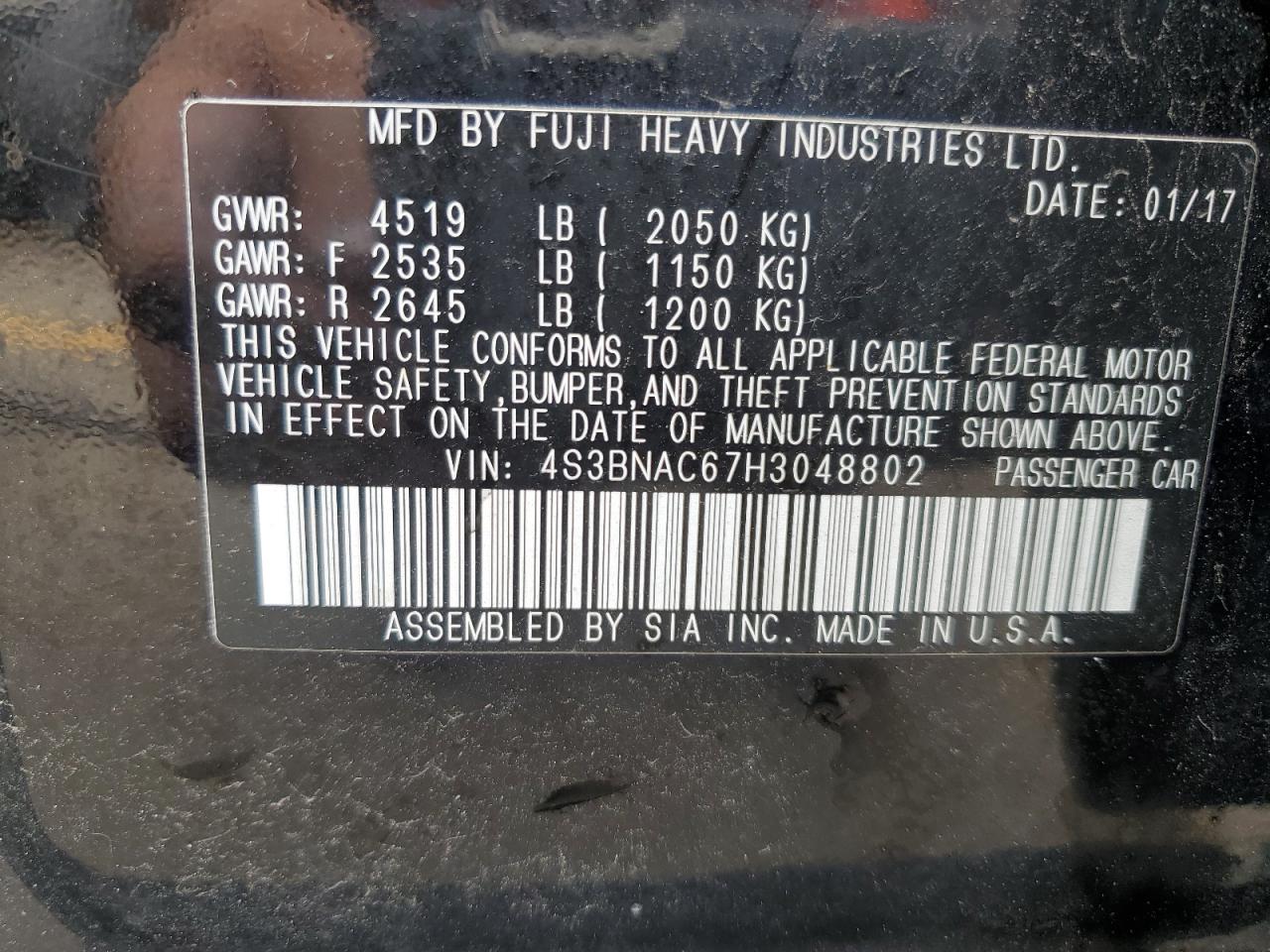 2017 Subaru Legacy 2.5I Premium VIN: 4S3BNAC67H3048802 Lot: 59046014