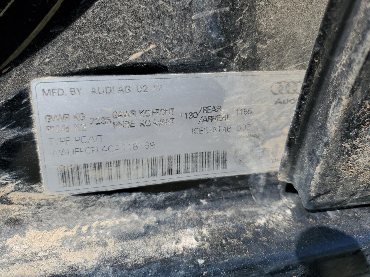 2012 Audi A4 Premium VIN: WAUFFCFL4CA118169 Lot: 58745834