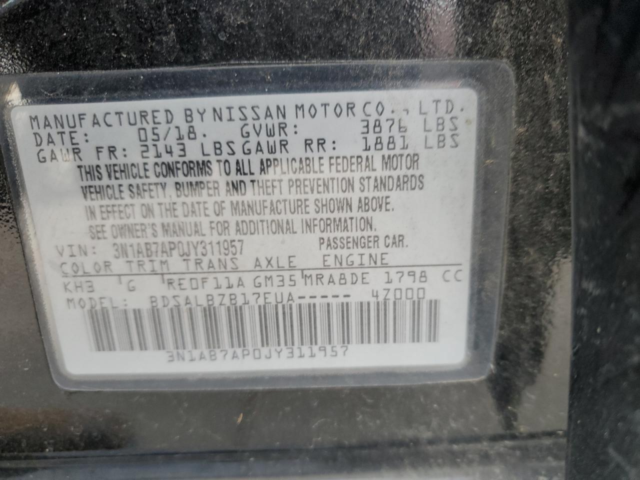 2018 Nissan Sentra S VIN: 3N1AB7AP0JY311957 Lot: 59703464