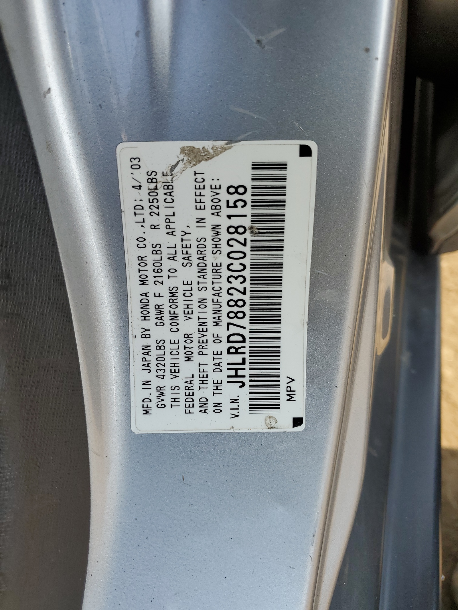 JHLRD78823C028158 2003 Honda Cr-V Ex