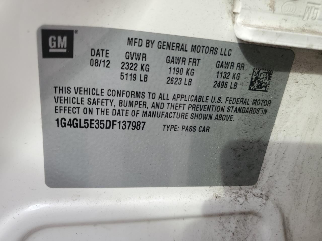 2013 Buick Lacrosse VIN: 1G4GL5E35DF137987 Lot: 59013474