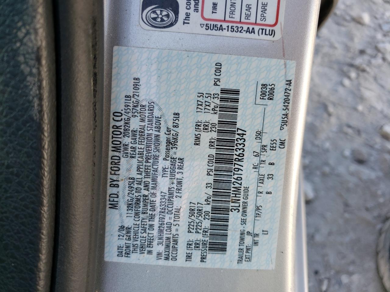 2007 Lincoln Mkz VIN: 3LNHM26T97R633347 Lot: 69645574